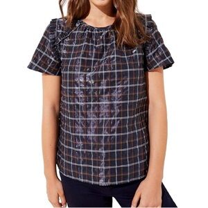 LOFT Metallic Navy Plaid Ruffle Short Sleeve Top, L